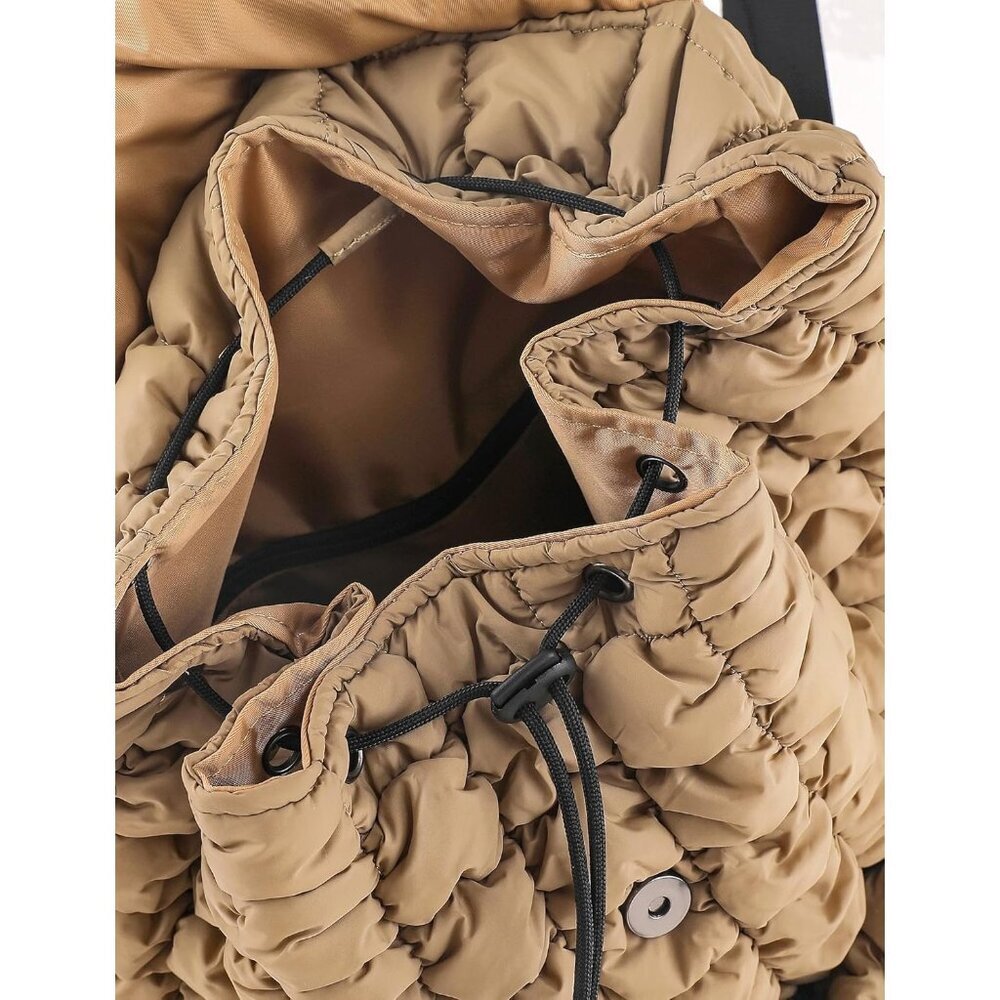 Women's Khaki Quilted Puffer Imported Drawstring Magnetic Closure Backpack - Picture 4 of 7